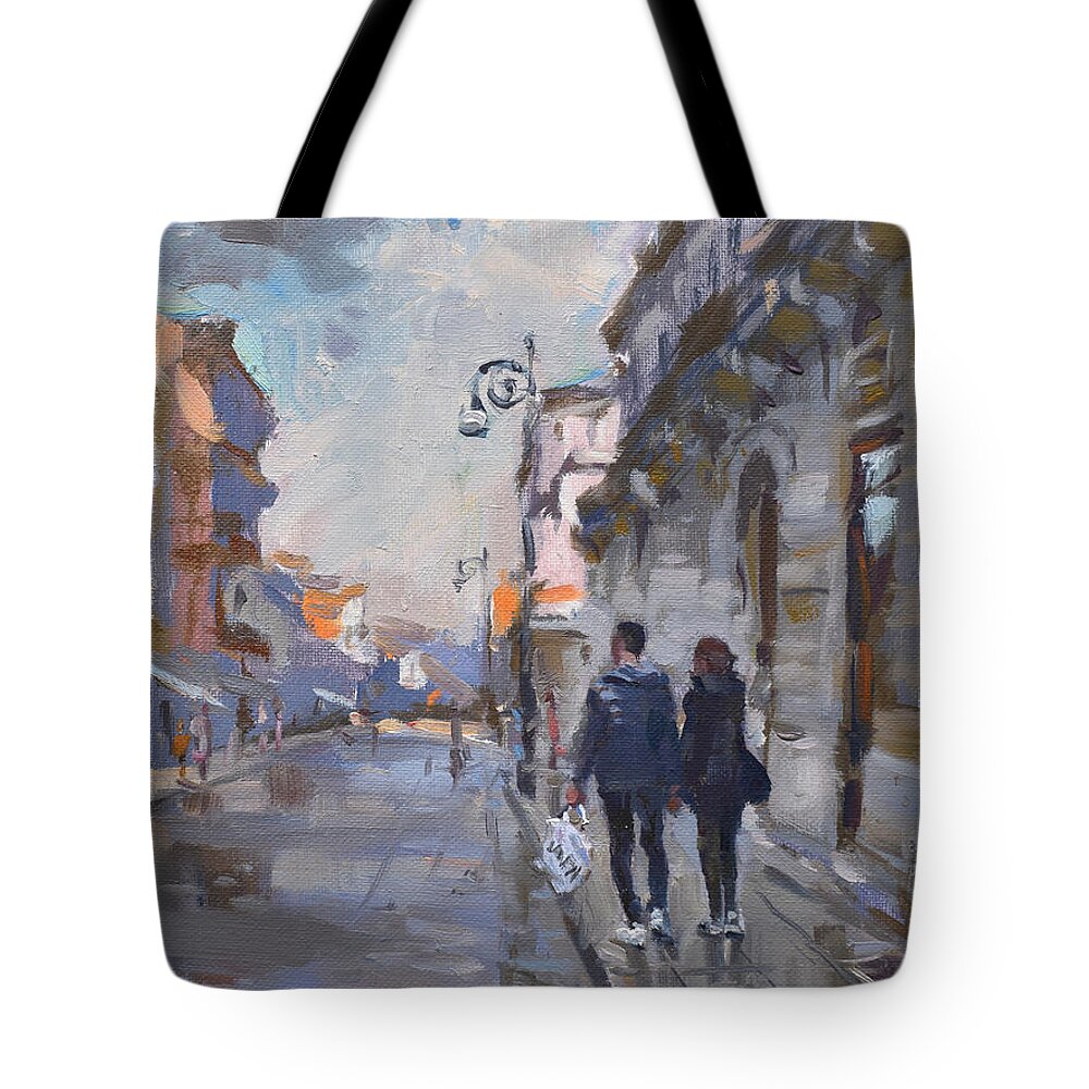 Italy Tote Bag featuring the painting Tourists by Ylli Haruni