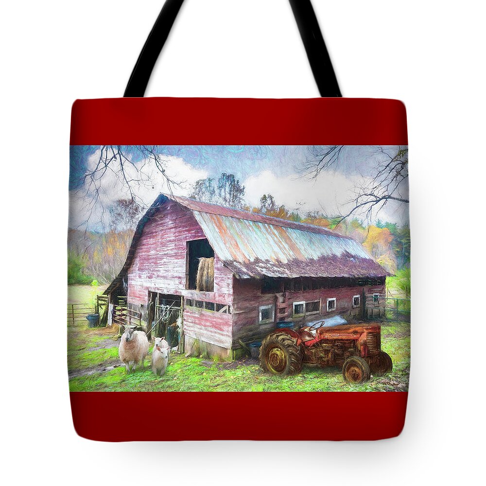 Barns Tote Bag featuring the photograph Tractor at the Sheep Farm Painting by Debra and Dave Vanderlaan