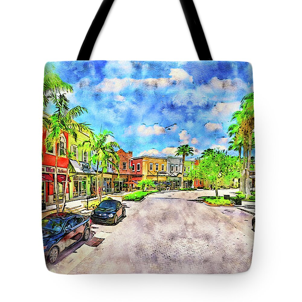 Tradition Square Tote Bag featuring the digital art Tradition Square in Port St. Lucie, Florida - pen and watercolor by Nicko Prints