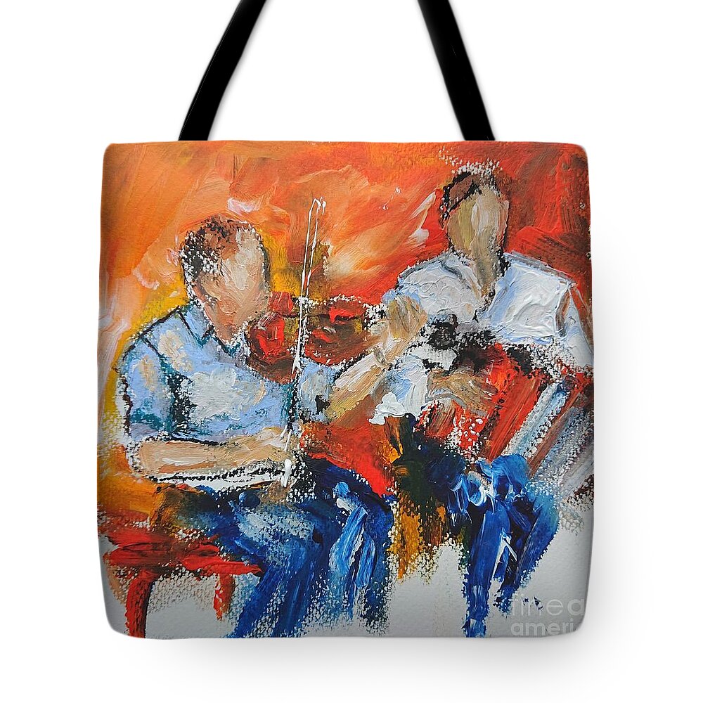 Galway Ireland Tote Bag featuring the painting Traditional music paintings by Mary Cahalan Lee - aka PIXI