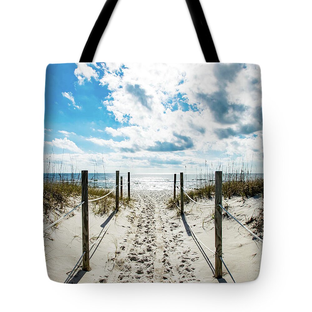 Footprints Tote Bag featuring the photograph Trail of Footprints to the Beach by Beachtown Views