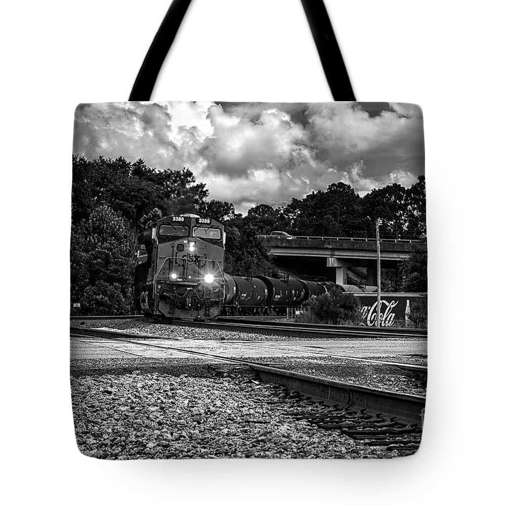 Trains Tote Bag featuring the photograph Train and Tracks in Black-White by DB Hayes