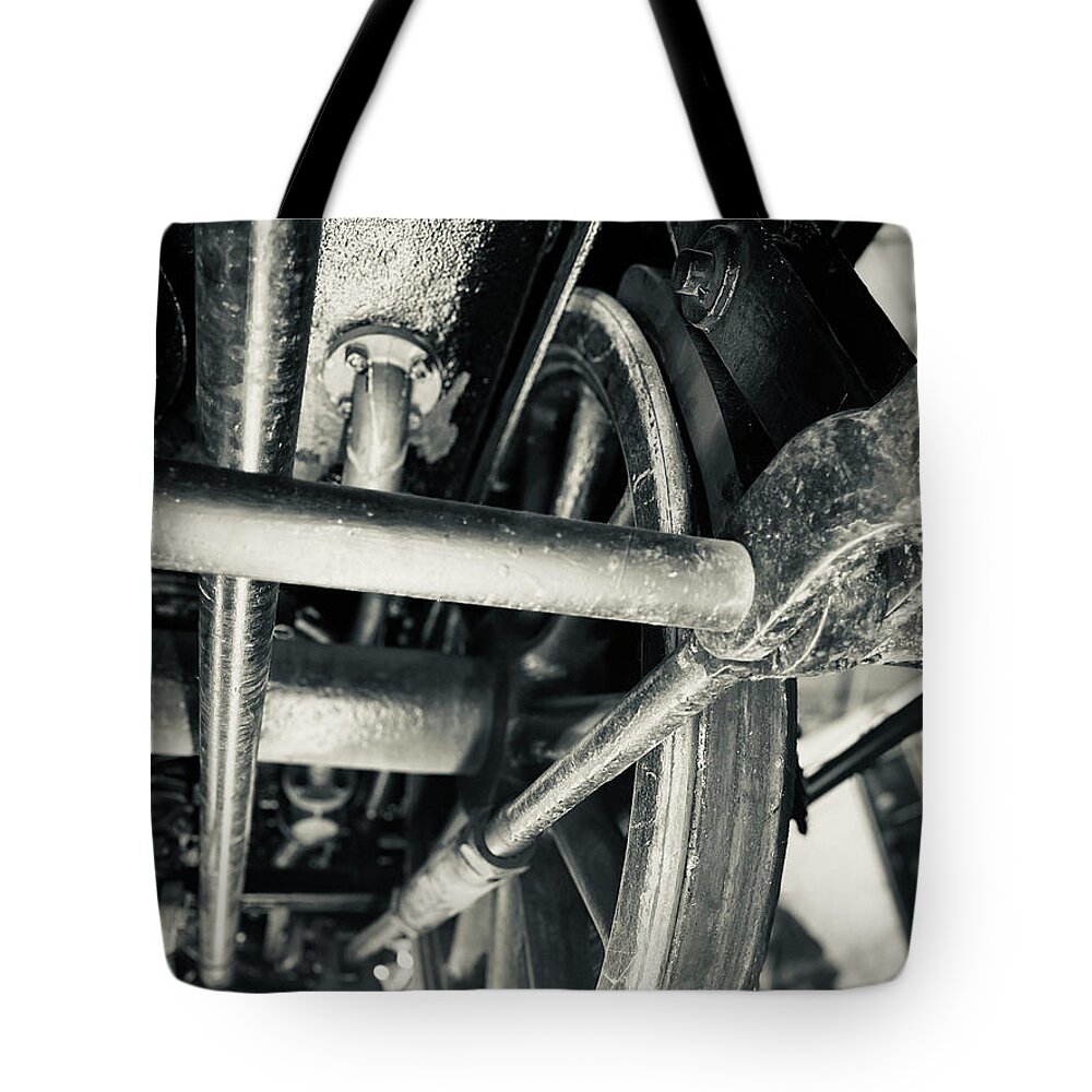 Train Parts Tote Bag featuring the photograph Train Undercarriage Wheel by Roxy Rich