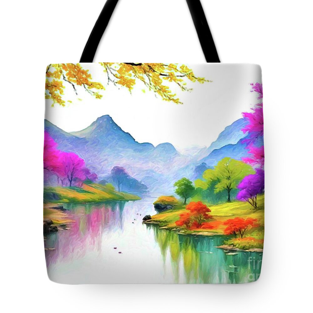 Art Tote Bag featuring the painting Tranquil Lakeside Reflections by Digitly