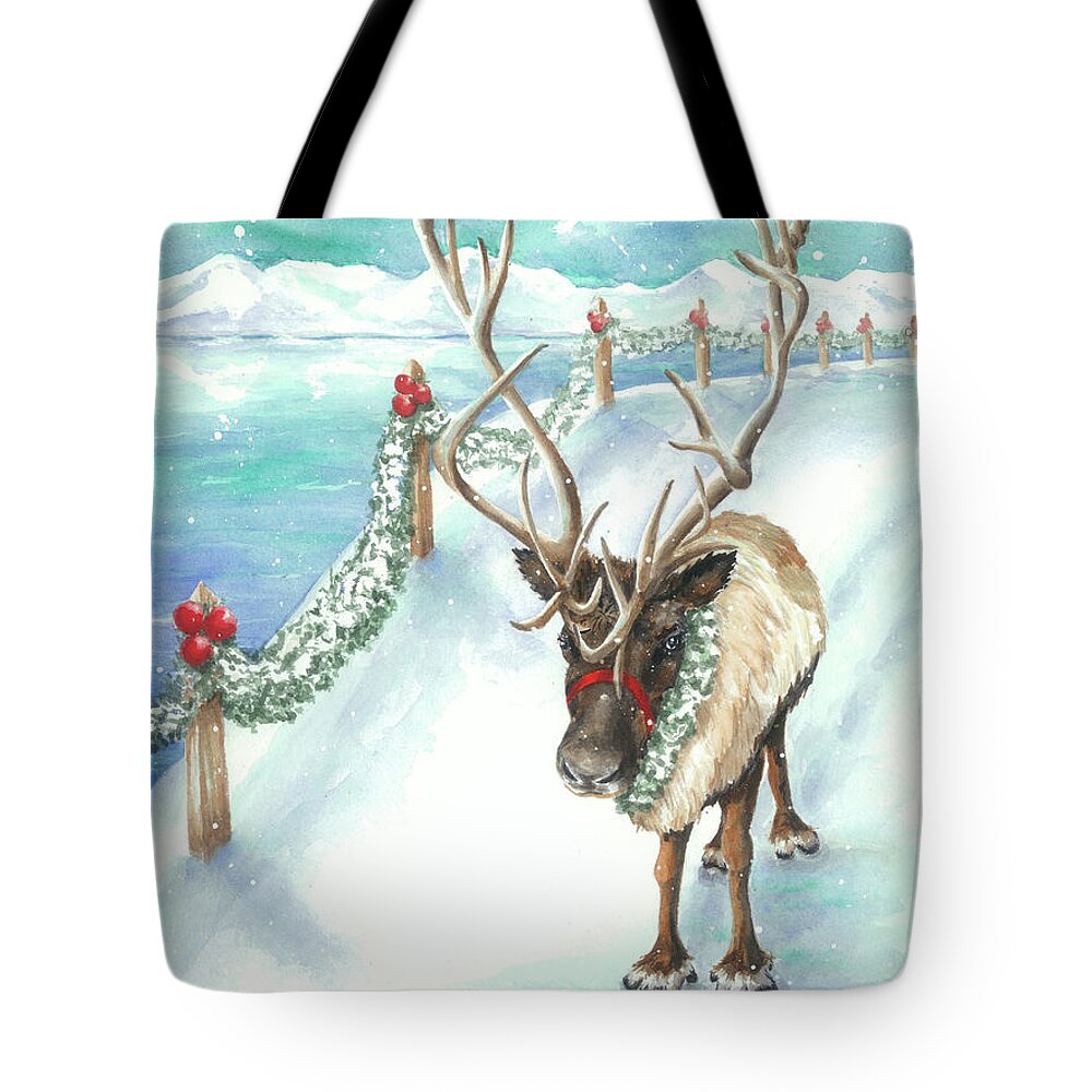 Reindeer Tote Bag featuring the painting Tranquil Trek by Lori Taylor