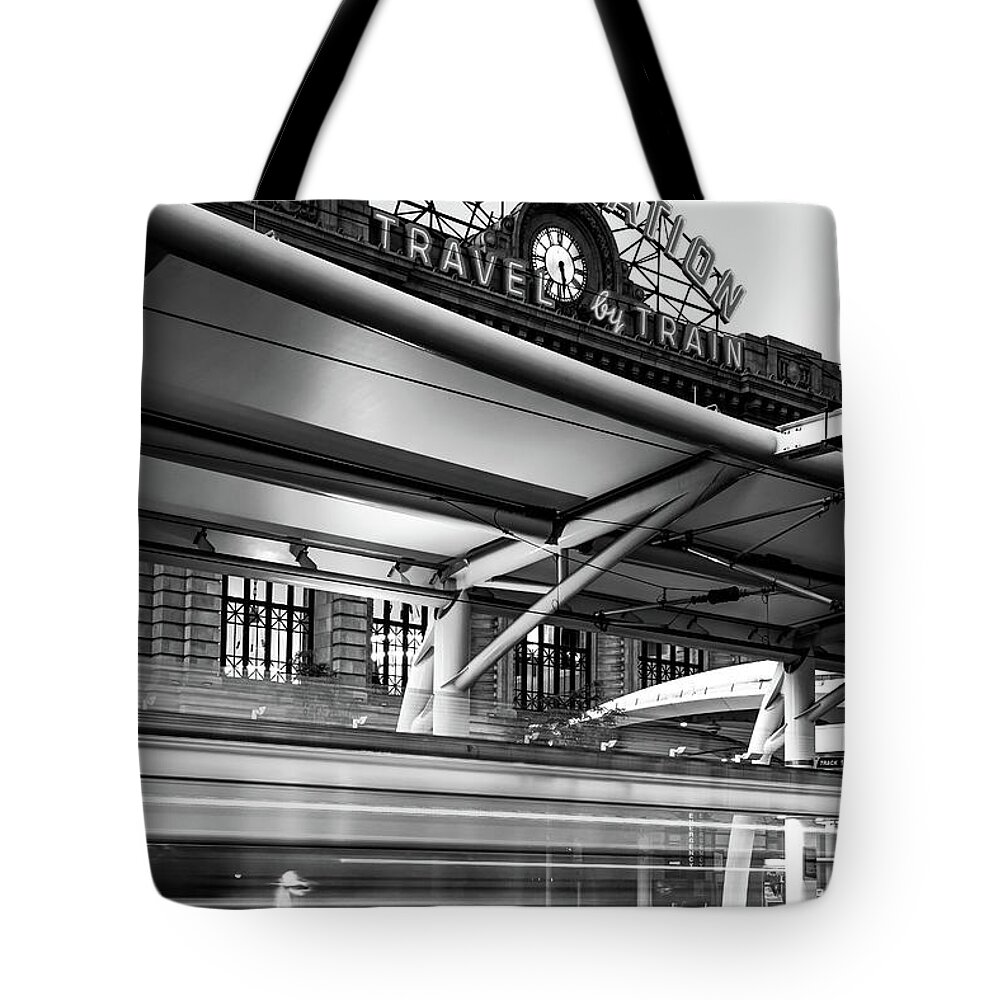 Denver Colorado Tote Bag featuring the photograph Traveling Through the Denver Colorado Union Train Station - Black and White by Gregory Ballos