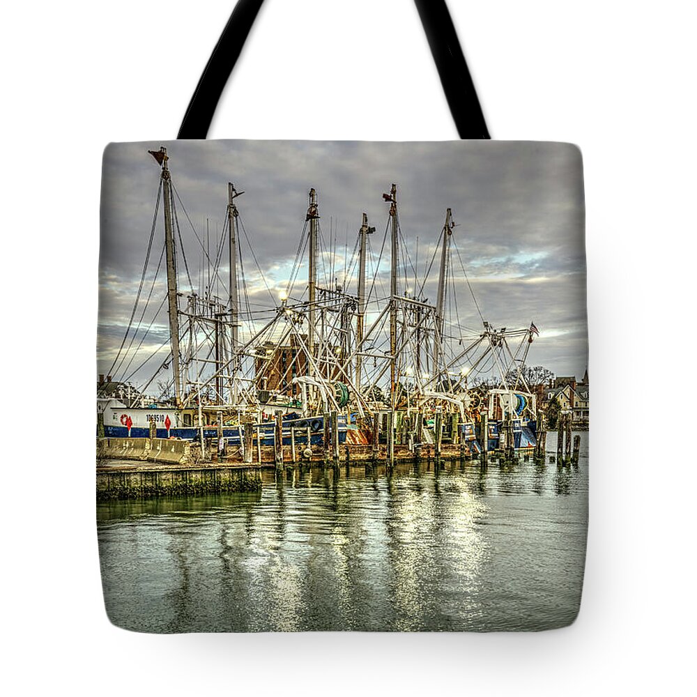Hampton Downtown Tote Bag featuring the photograph Trawlers at Amory Seafood by Jerry Gammon