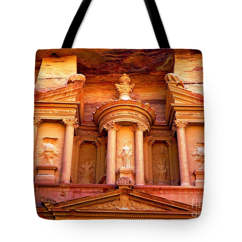 Petra Tote Bag featuring the photograph Treasury of Petra by Tina Mitchell