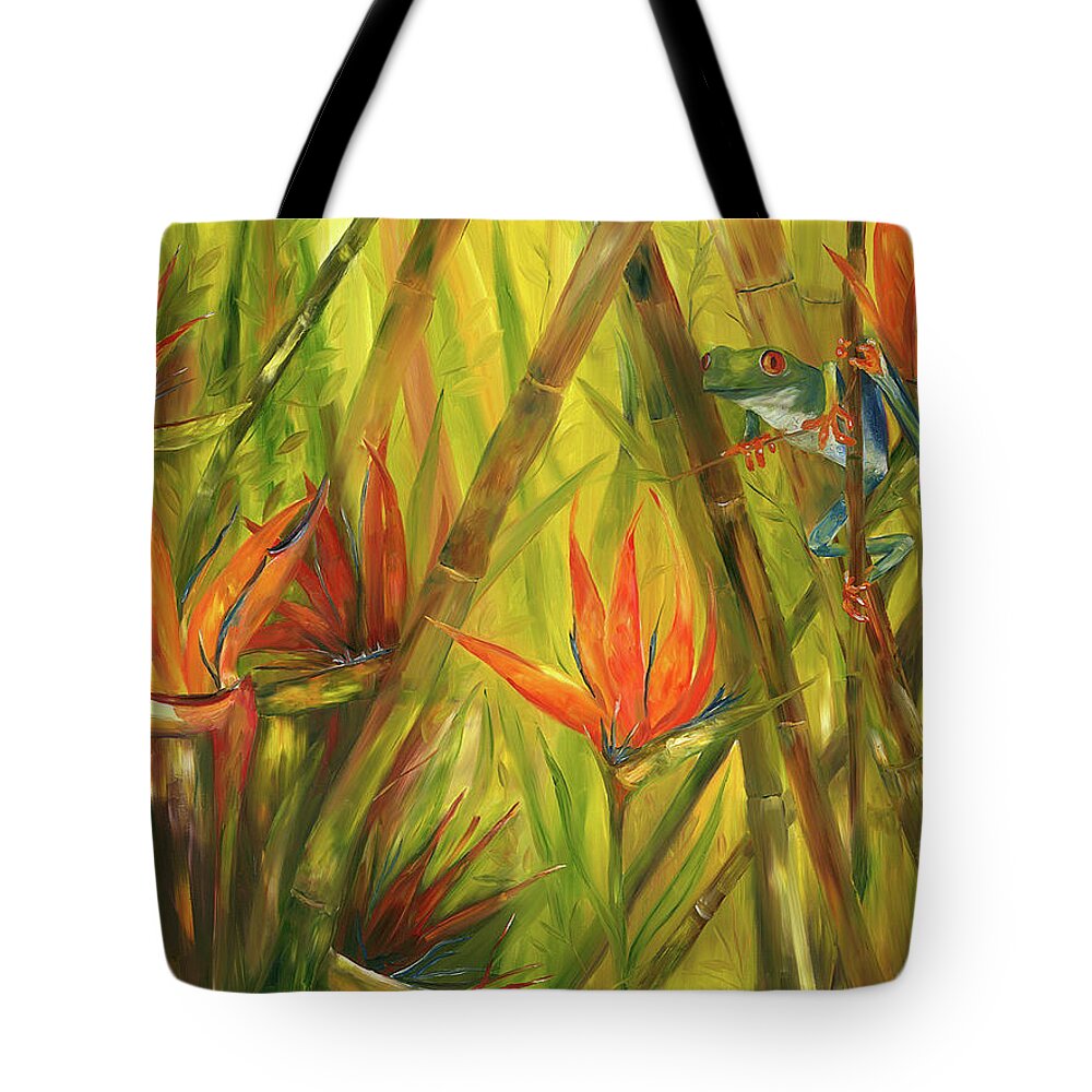 Frog Tote Bag featuring the painting Tree Frog in Paradise by Barbara Landry