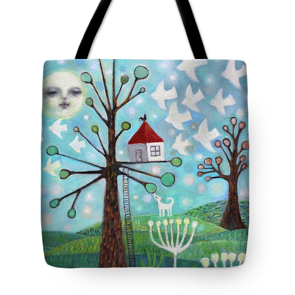 Treehouse Tote Bag featuring the painting Tree house by Manami Lingerfelt