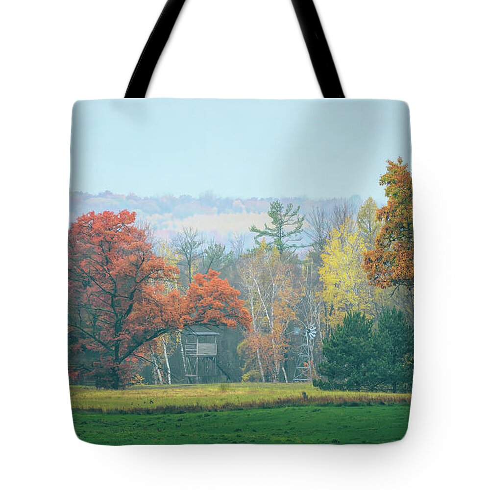 Trees Tote Bag featuring the photograph Tree Line Hunting Stand by Trey Foerster