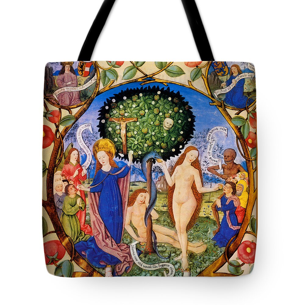 Tree Of Life Tote Bag featuring the painting Tree of Life and Death Flanked by Eve and Mary-Ecclesia by Unknown