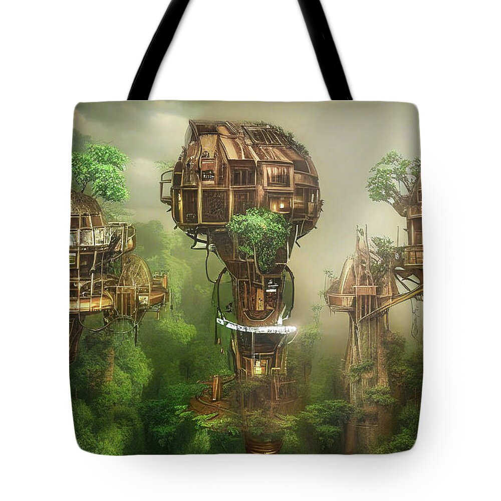 Ai Tote Bag featuring the digital art Treehouses in the misty rain by Micah Offman