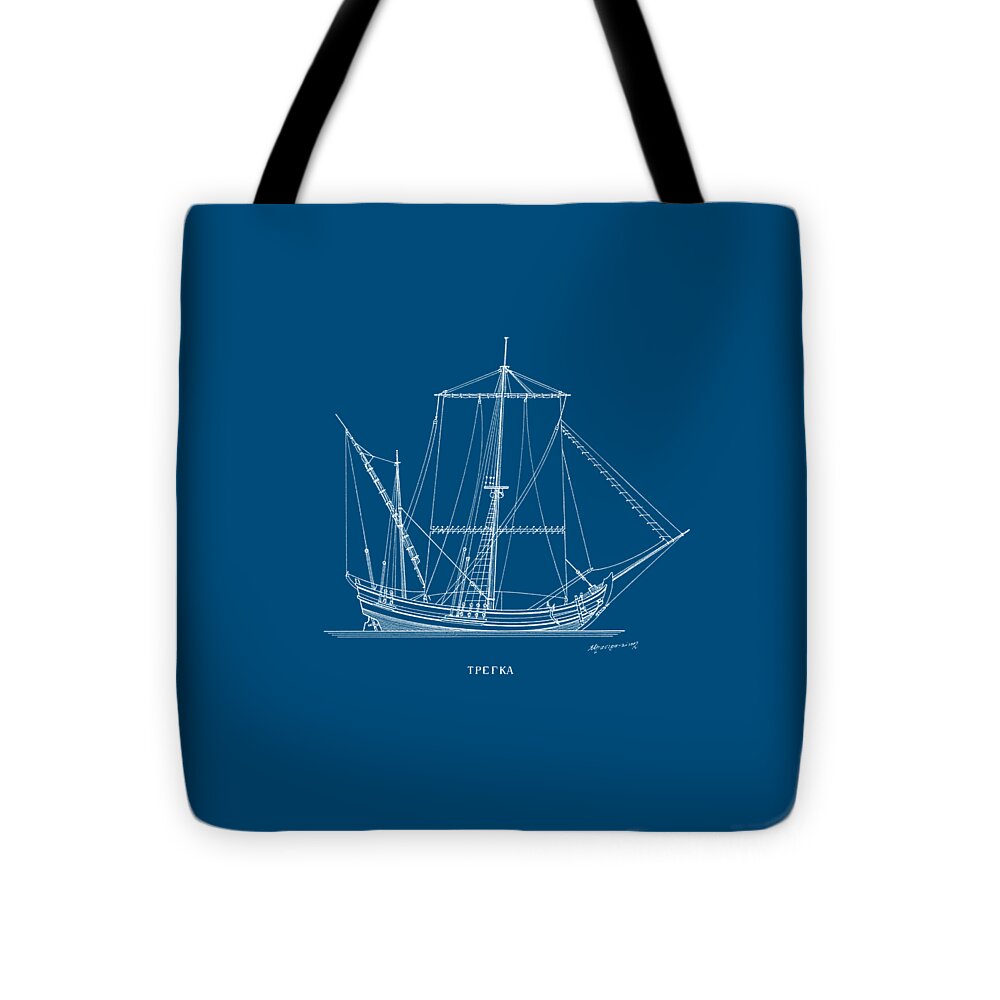 Sailing Vessels Tote Bag featuring the drawing Trega - traditional Greek sailing ship - blueprint by Panagiotis Mastrantonis