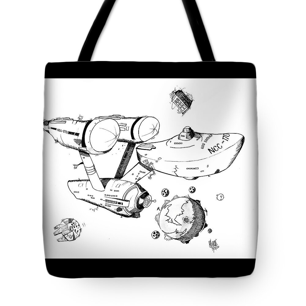 Star Trek Tote Bag featuring the drawing Trek Black and White by Michael Hopkins