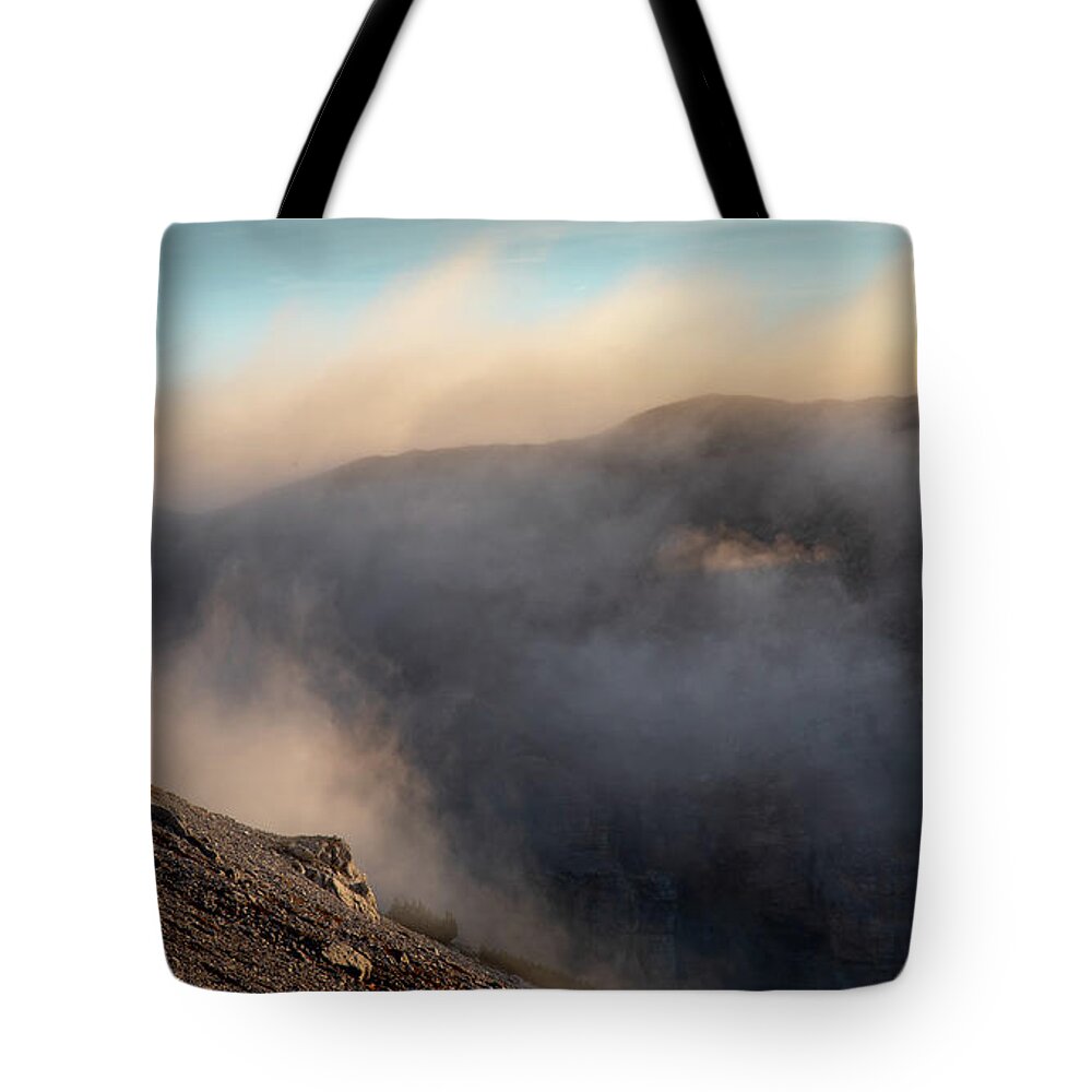 Italy Tote Bag featuring the photograph Trekking at  at the Tre Cime hiking path area in South Tyrol in by Michalakis Ppalis