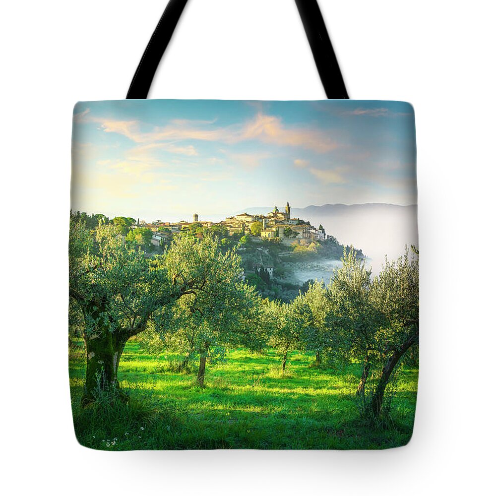 Trevi Tote Bag featuring the photograph Trevi village and olive trees in a foggy morning. Umbria, Italy by Stefano Orazzini