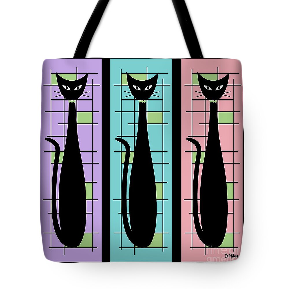 Mid Century Modern Tote Bag featuring the digital art Trio of Cats Purple, Blue and Pink on Black by Donna Mibus