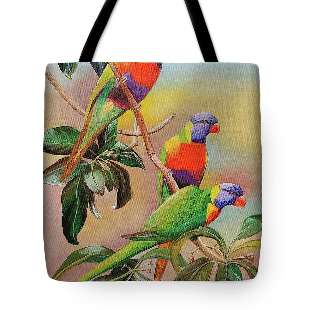 Rainbow Lorakeet Tote Bag featuring the painting Triple Rainbow by Connie Rish