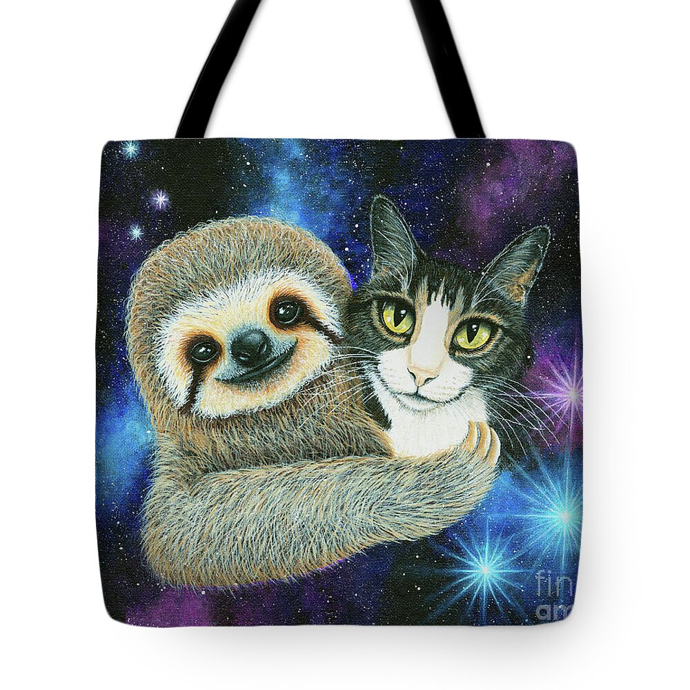 Tabby Cat Tote Bag featuring the painting Trixie and Her Sloth Friend - Tabby Cat Galaxy by Carrie Hawks