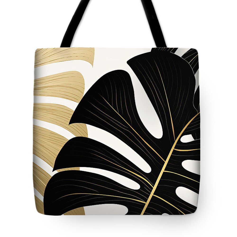 Dark Green Tote Bag featuring the painting Tropical Leaves with Modern Minimalist Flair by Lourry Legarde