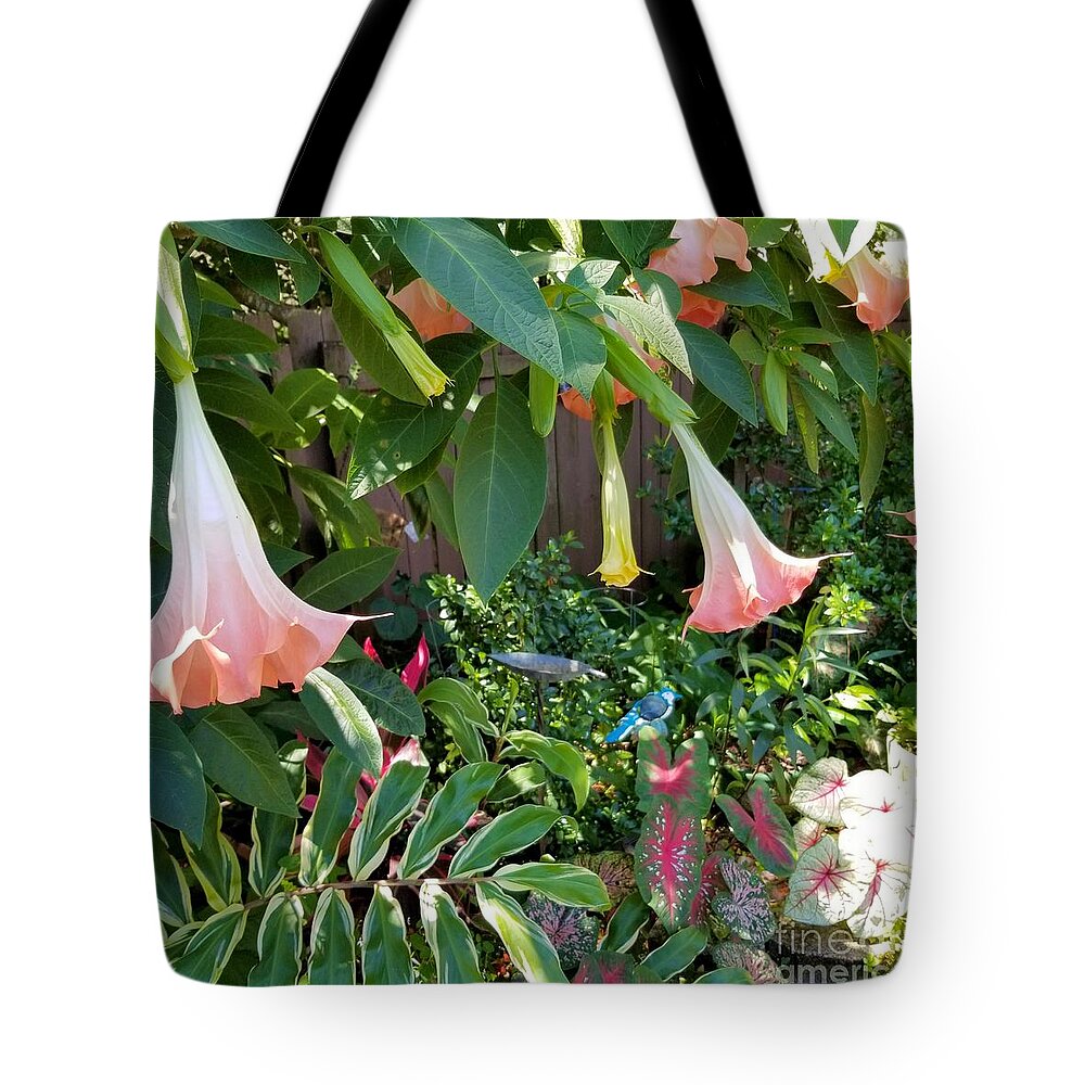 Trumpet Plants Tote Bag featuring the photograph Trumpets in the Garden by Joe Roache