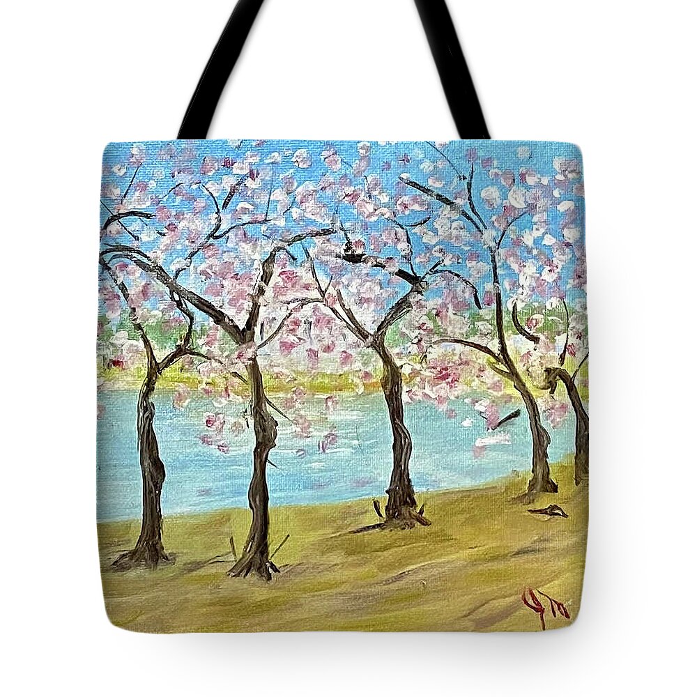Cherry Blossoms Tote Bag featuring the painting Tuesday 2002 Full Bloom by John Macarthur