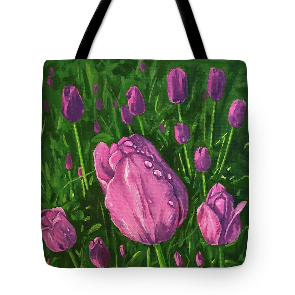  Tote Bag featuring the painting Tulip Garden by Sarra Elgammal