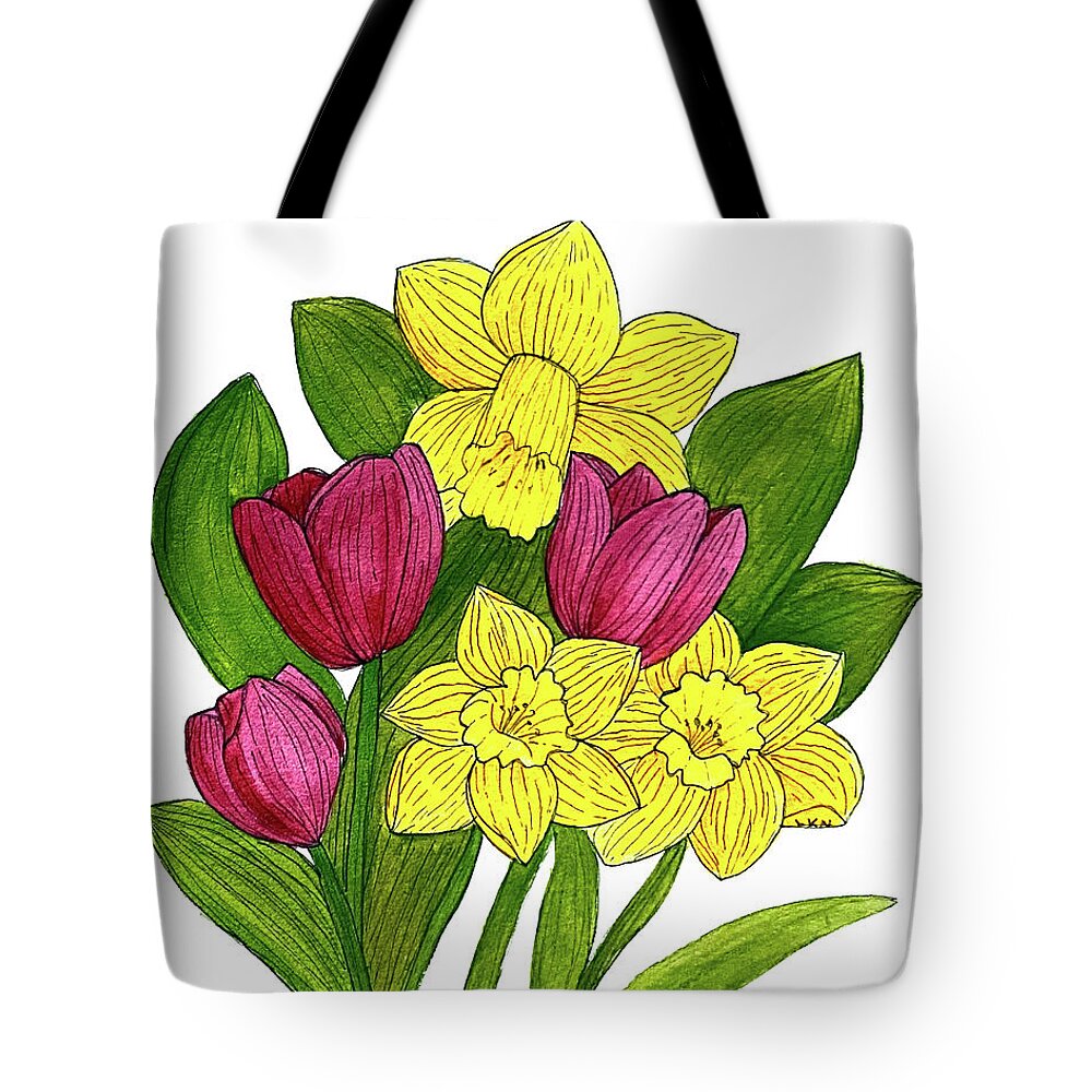 Daffodils Tote Bag featuring the mixed media Tulips and Daffodils by Lisa Neuman