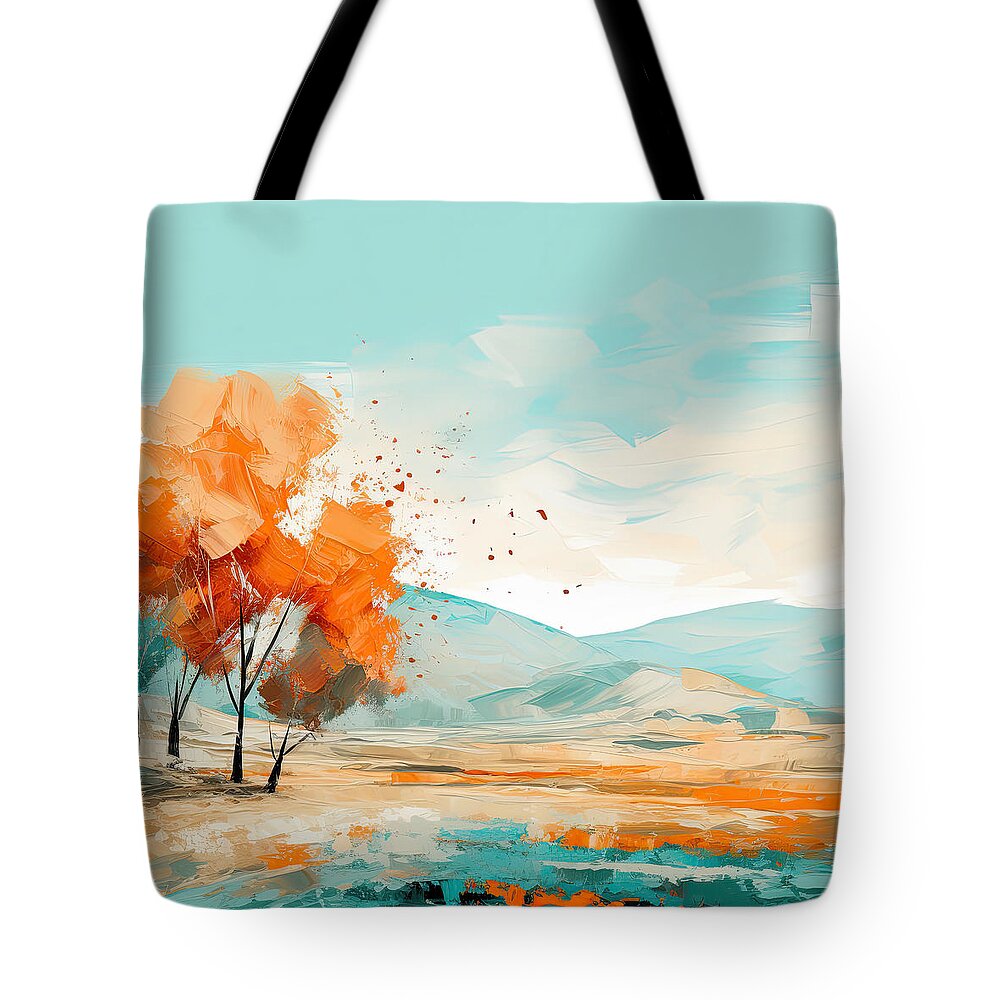 Turquoise And Orange Tote Bag featuring the painting Turquoise and Orange Tree Landscape with Energetic Colors by Lourry Legarde