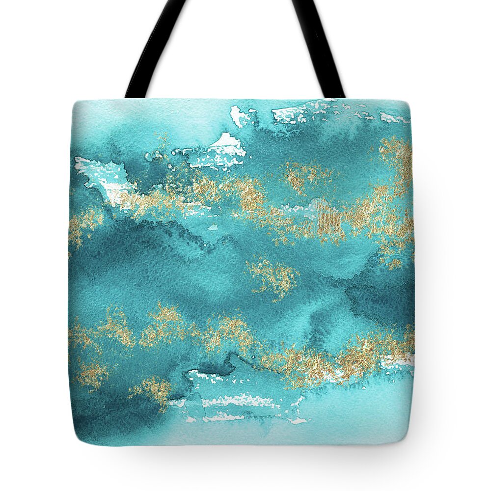 Turquoise Blue Tote Bag featuring the painting Turquoise Blue, Gold And Aquamarine by Garden Of Delights