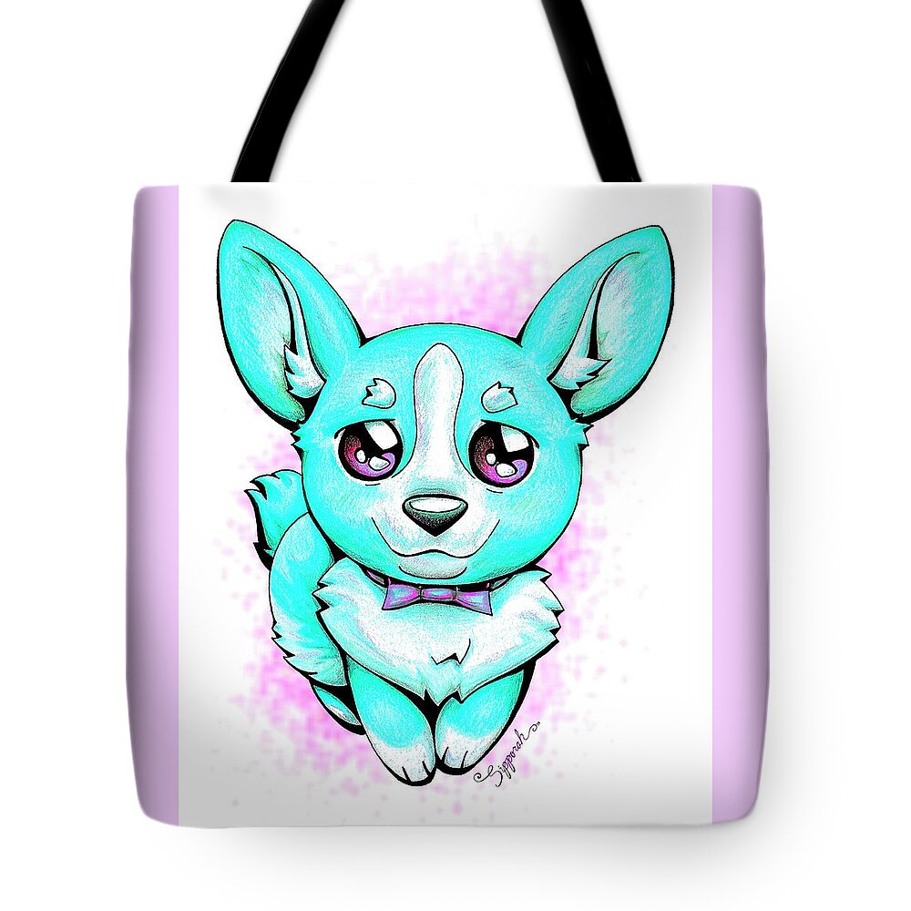 Puppy Tote Bag featuring the drawing Turquoise Corgi by Sipporah Art and Illustration