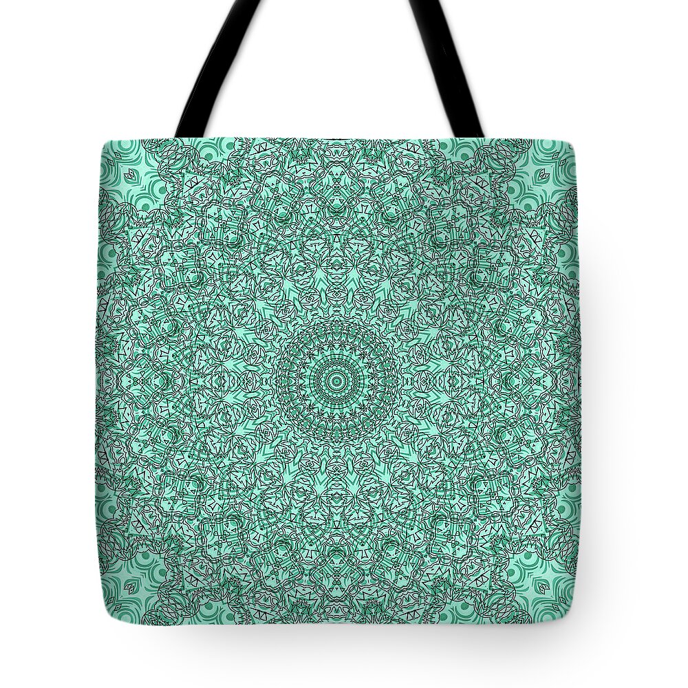 Aquamarine Tote Bag featuring the mixed media Turquoise Mandala Kaleidoscope Medallion Flower by Mercury McCutcheon