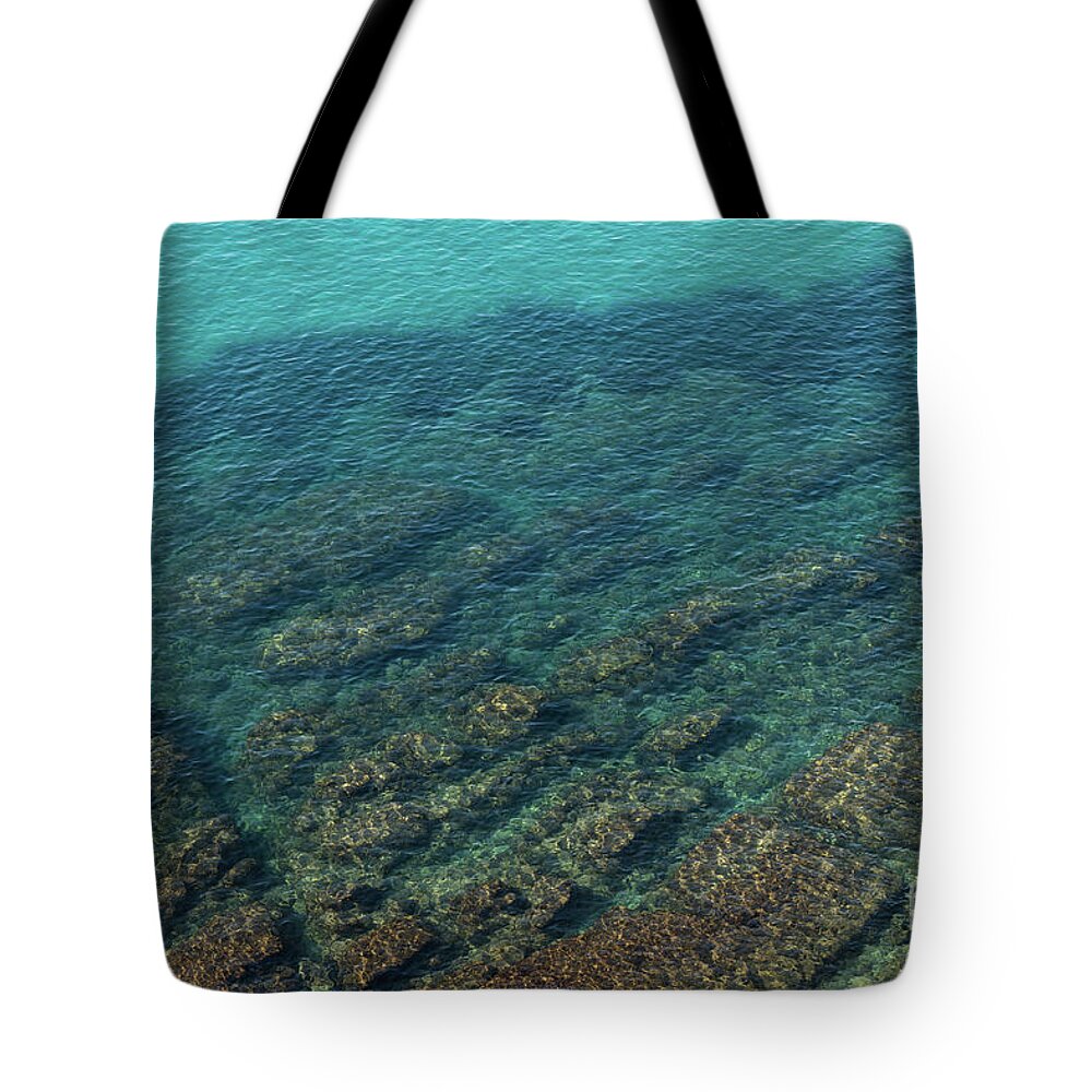 Sea Water Tote Bag featuring the photograph Turquoise sea water in a rocky cove 2, Mediterranean Sea by Adriana Mueller