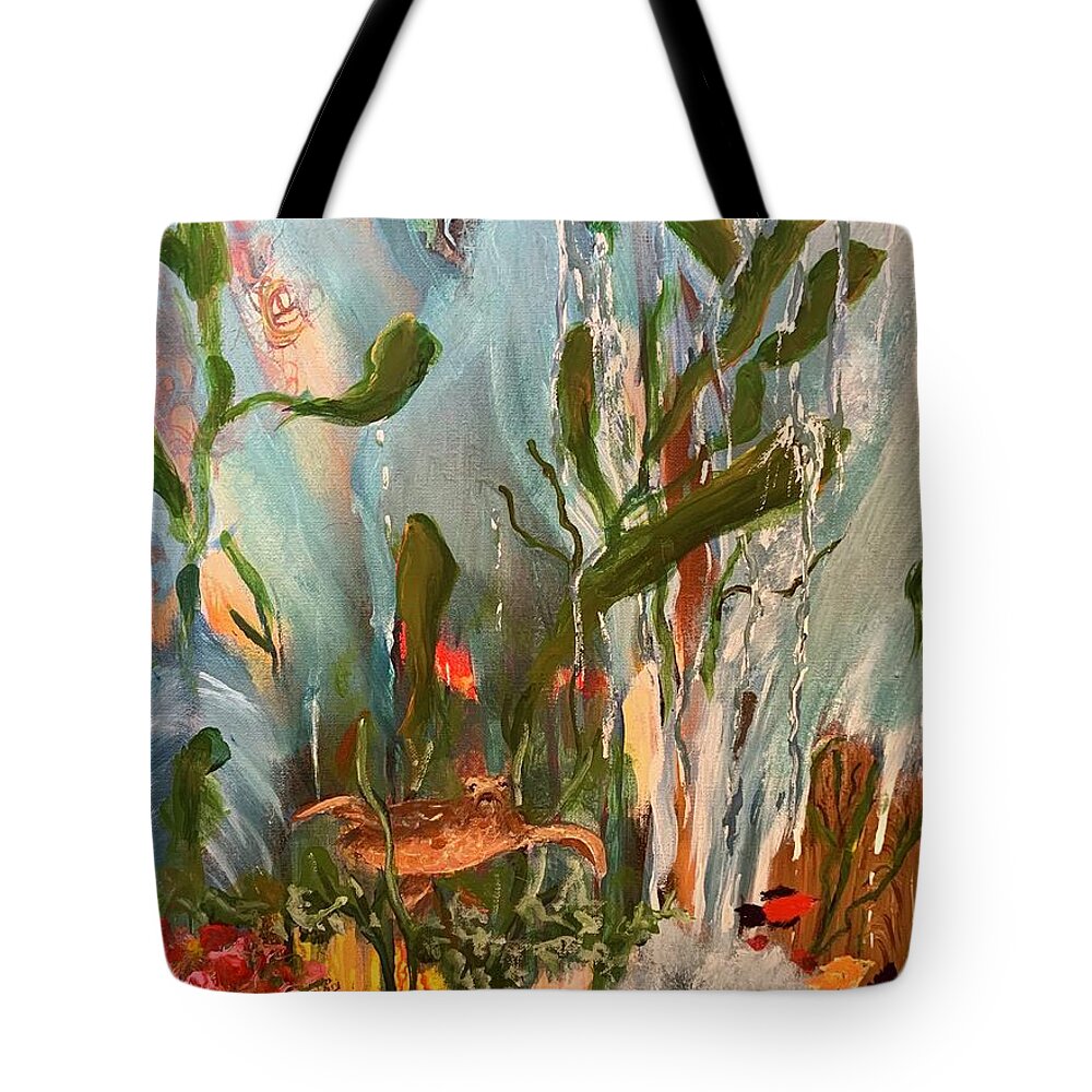 Turtle Miroslaw Chelchowski Acrylic On Canvas Painting Print Abstract Under The Sea Water Ocean Fish Weed Red Coral Wave Waterfall Tote Bag featuring the painting Turtle by Miroslaw Chelchowski