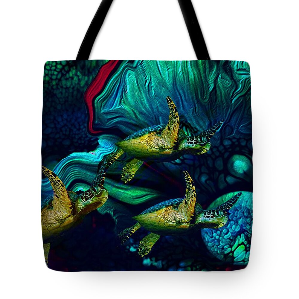 Turtles En Saison Tote Bag featuring the digital art Turtles en Saison 7 by Aldane Wynter