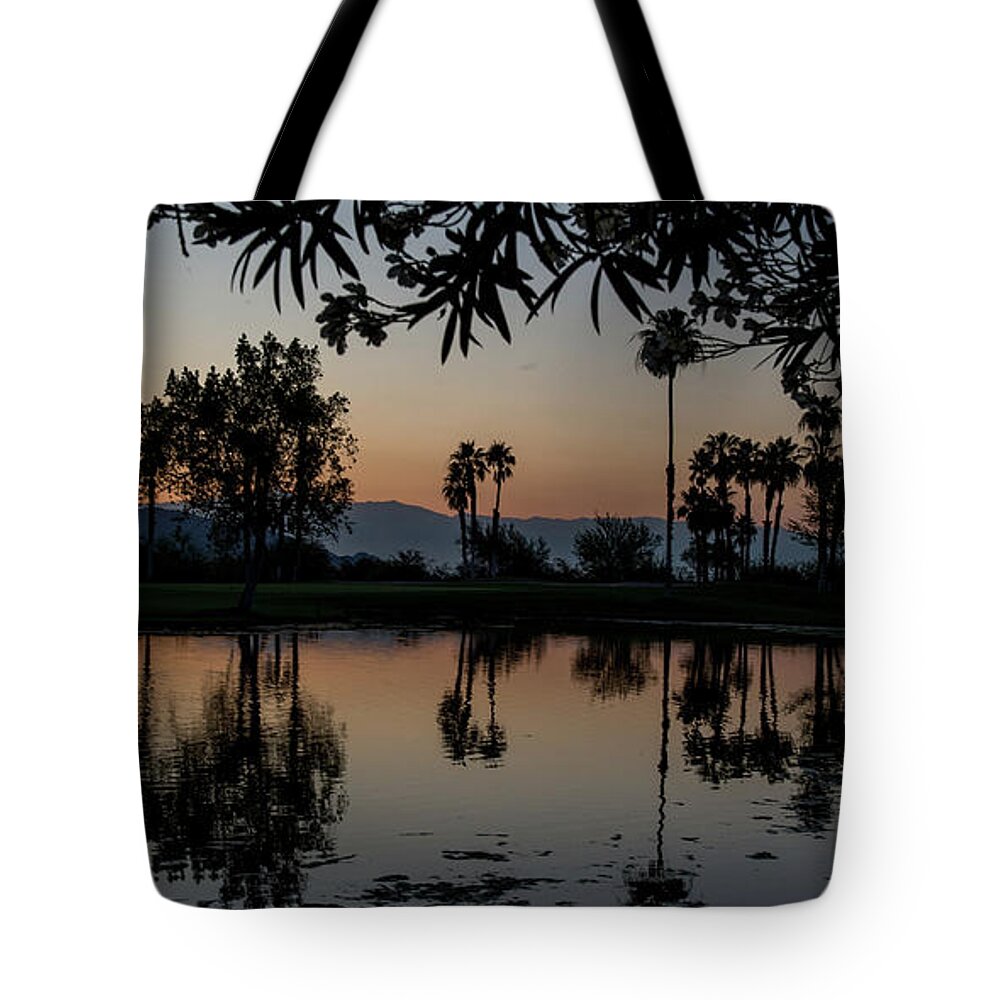 Twilight Tote Bag featuring the photograph Twilight at Ironwood CC Pond, Palm Desert, California by Bonnie Colgan