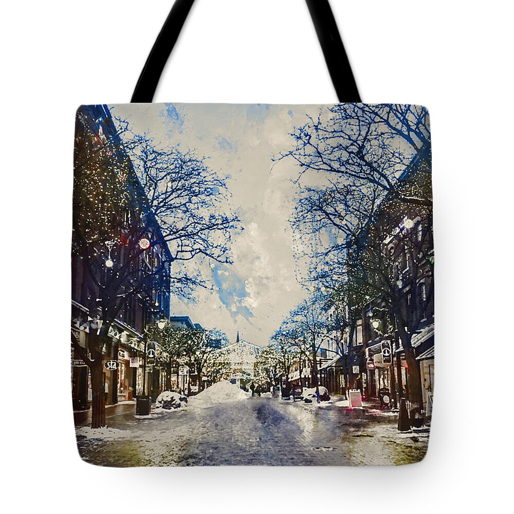 Twilight Tote Bag featuring the painting Twilight in Winter Town by Alex Mir