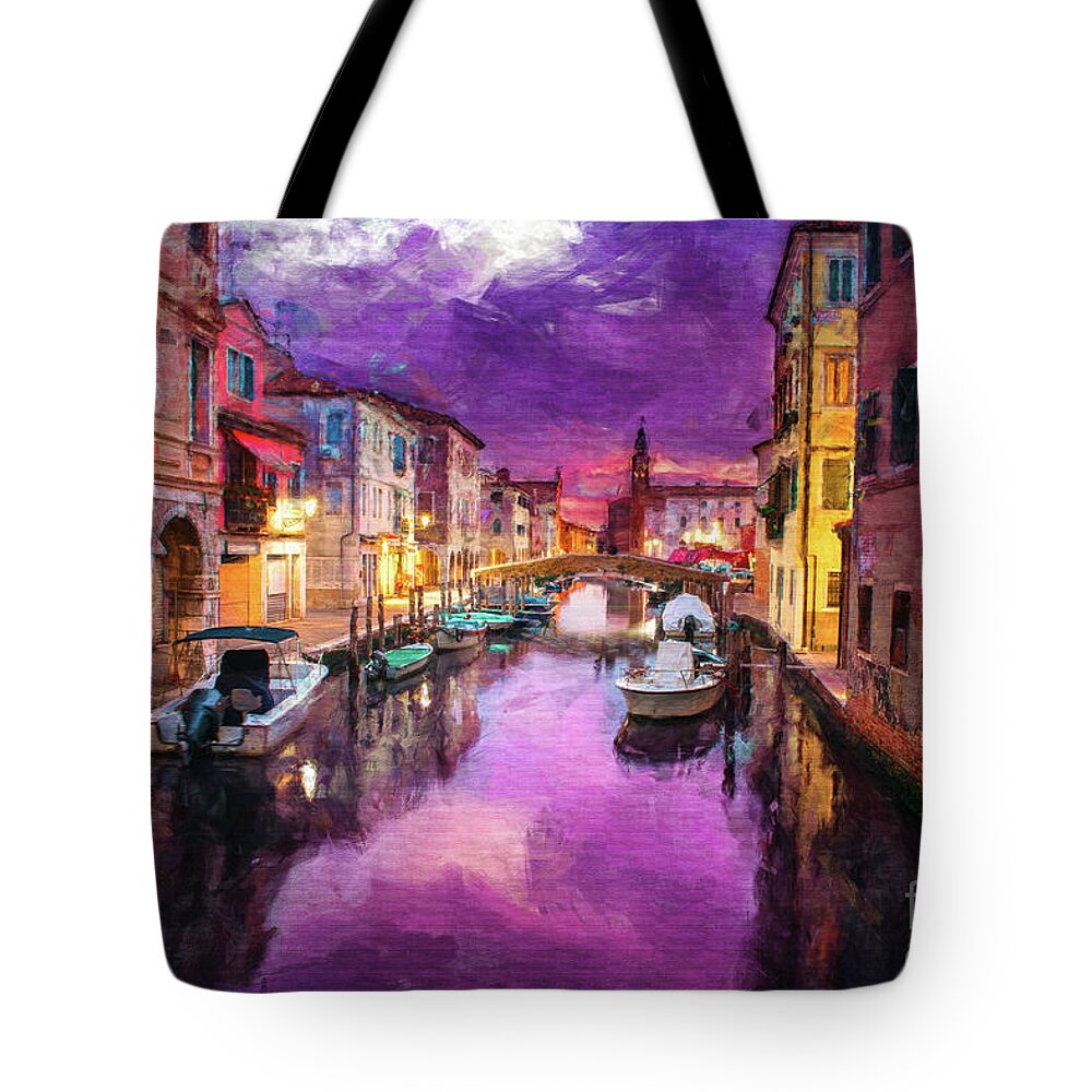 Canal Tote Bag featuring the digital art Twilight On Venice Canal by Phil Perkins