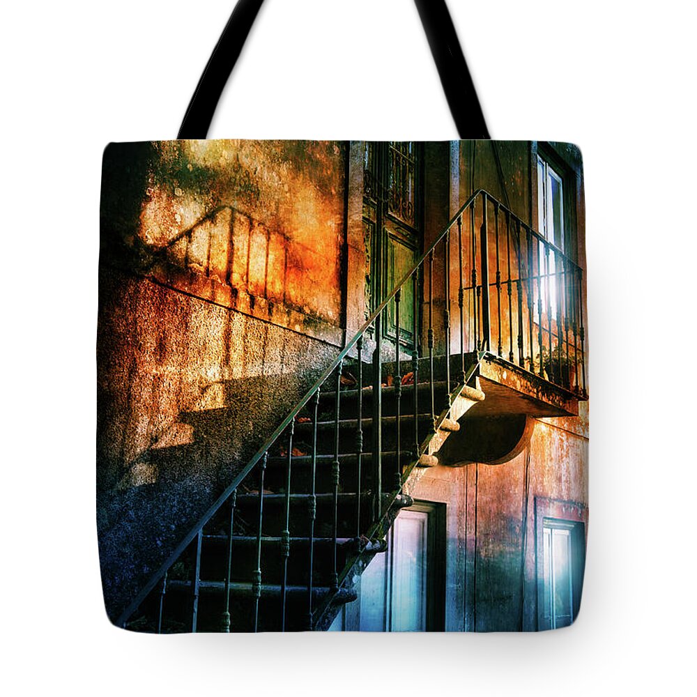 Reflection Tote Bag featuring the photograph Twilight stairway by Micah Offman