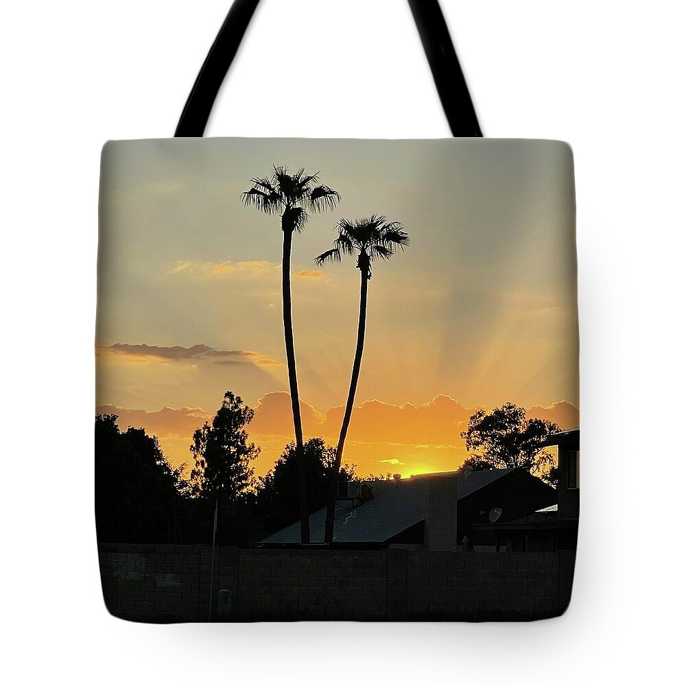 Sunset Tote Bag featuring the photograph Twin Palm Sunset by Grey Coopre