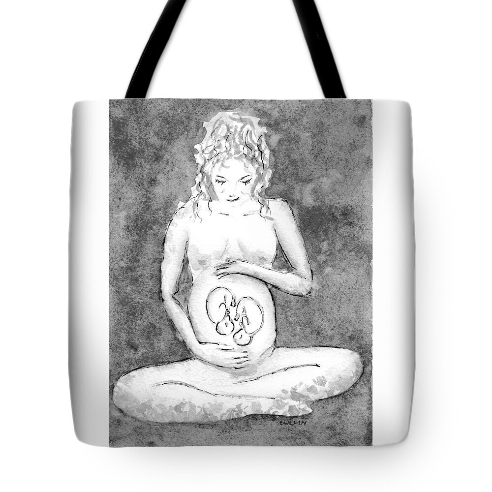 Twins Tote Bag featuring the painting Twin Pregnancy Black and White by Carlin Blahnik CarlinArtWatercolor