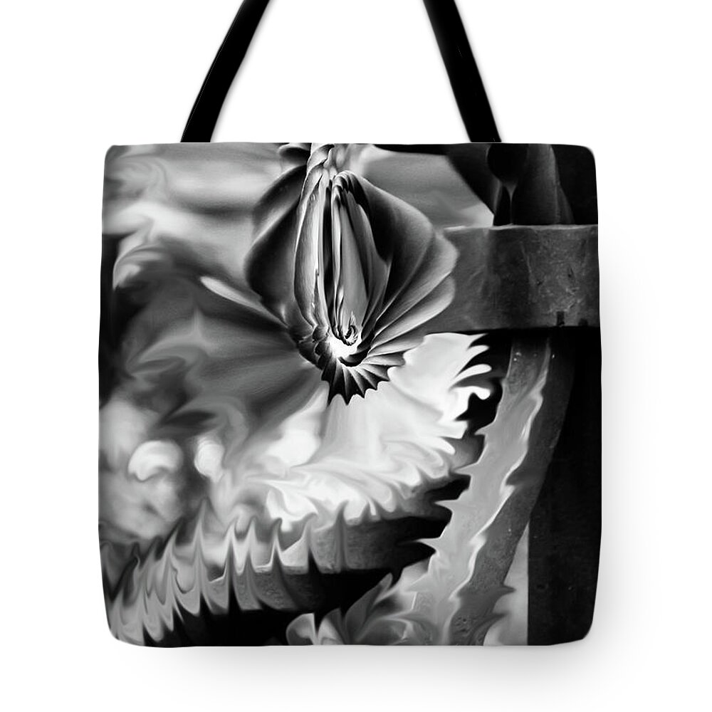 Black And White Tote Bag featuring the photograph Twisted Metal by Shara Abel