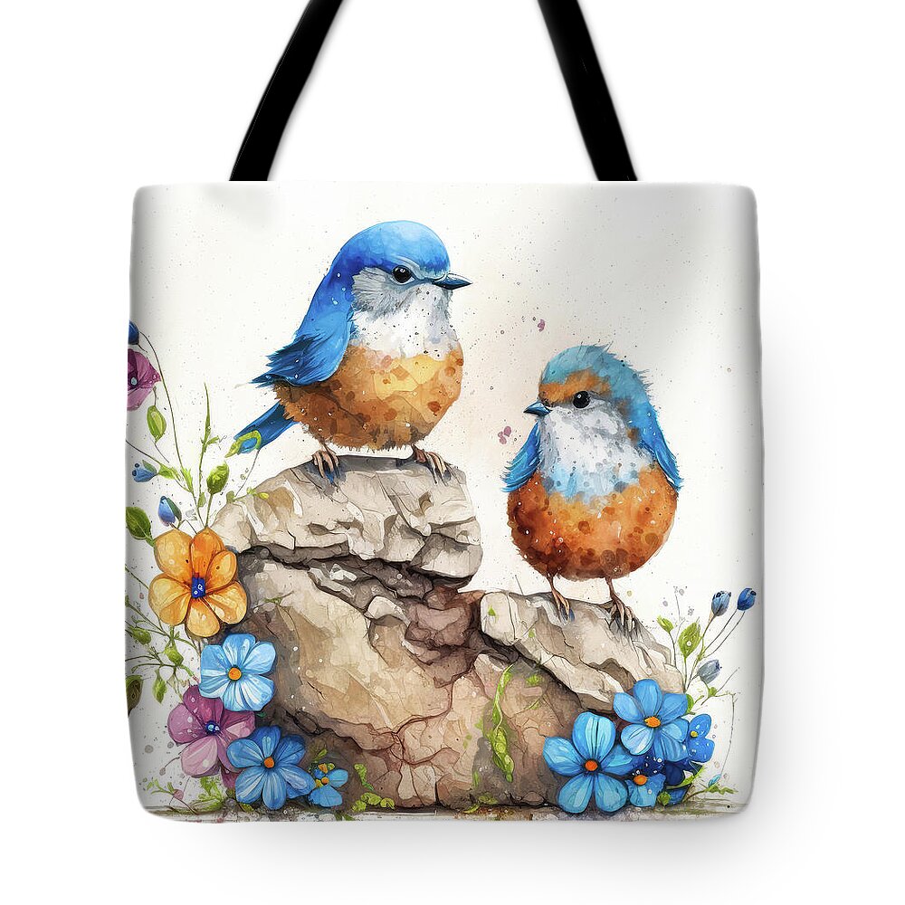 Bluebirds Tote Bag featuring the painting Two Adorable Bluebirds by Tina LeCour