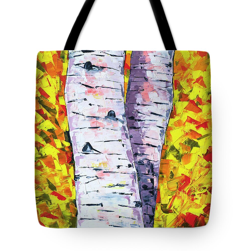 Aspens Tote Bag featuring the painting Two Aspens in Autumn by Mark Ross