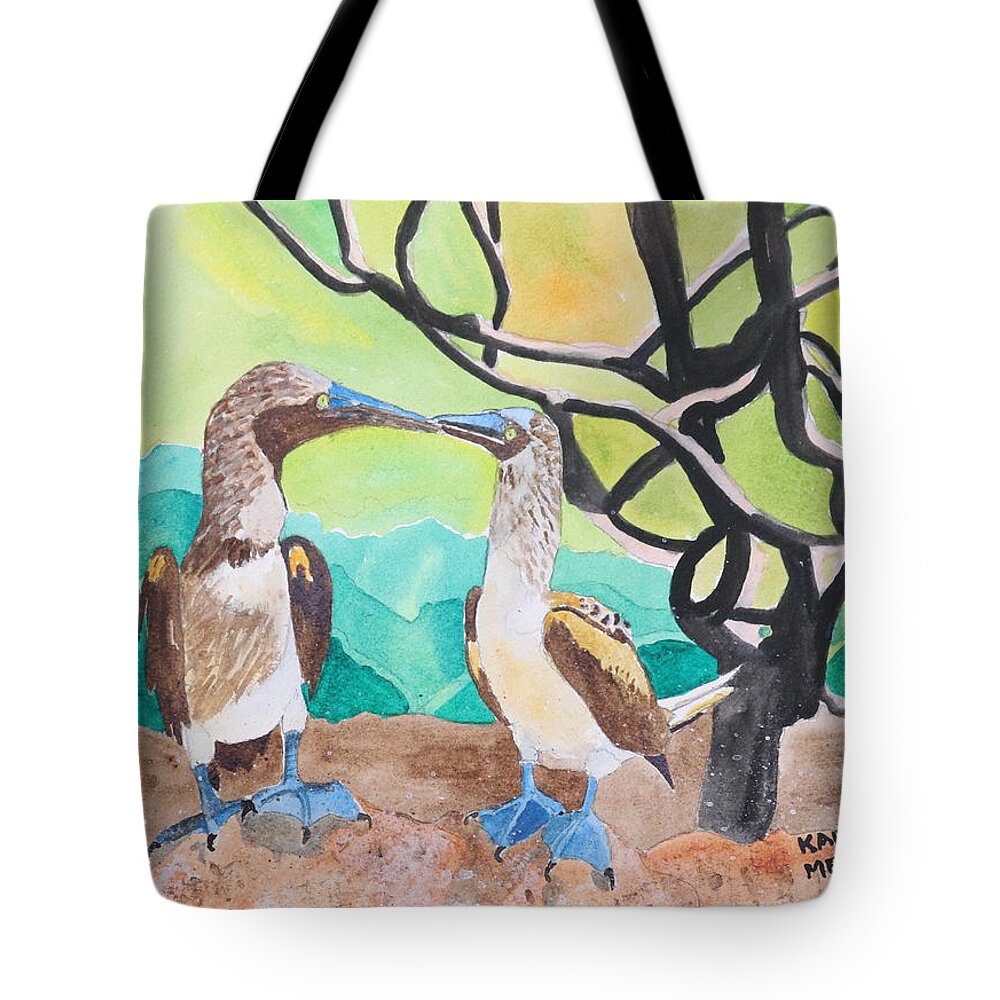 Blue-footed Boobies Tote Bag featuring the painting Two Blue-Footed Boobies by Karen Merry