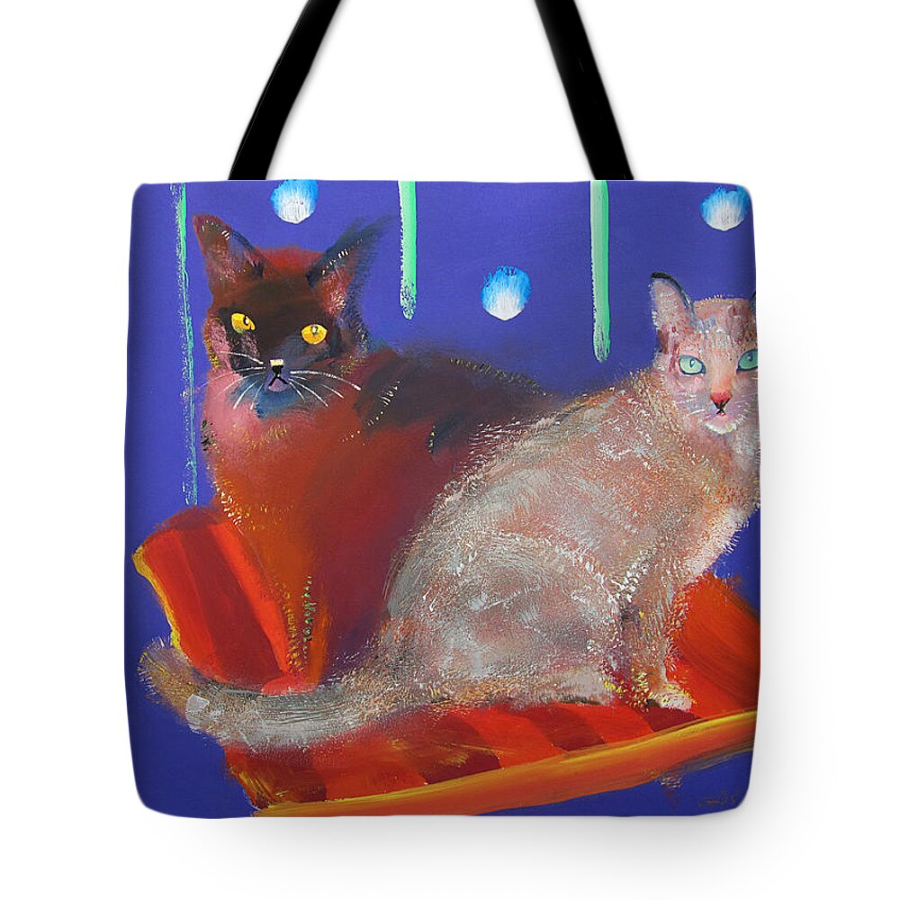 Orienta Cats Tote Bag featuring the painting Two Cats On A Cushion by Charles Stuart