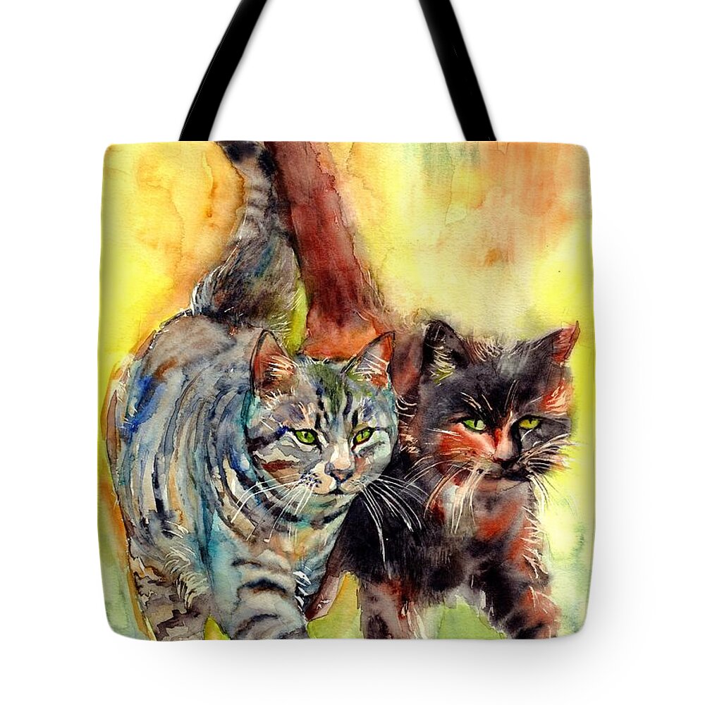 Cats On The Prowl Tote Bag featuring the painting Two Cats On The Prowl by Suzann Sines