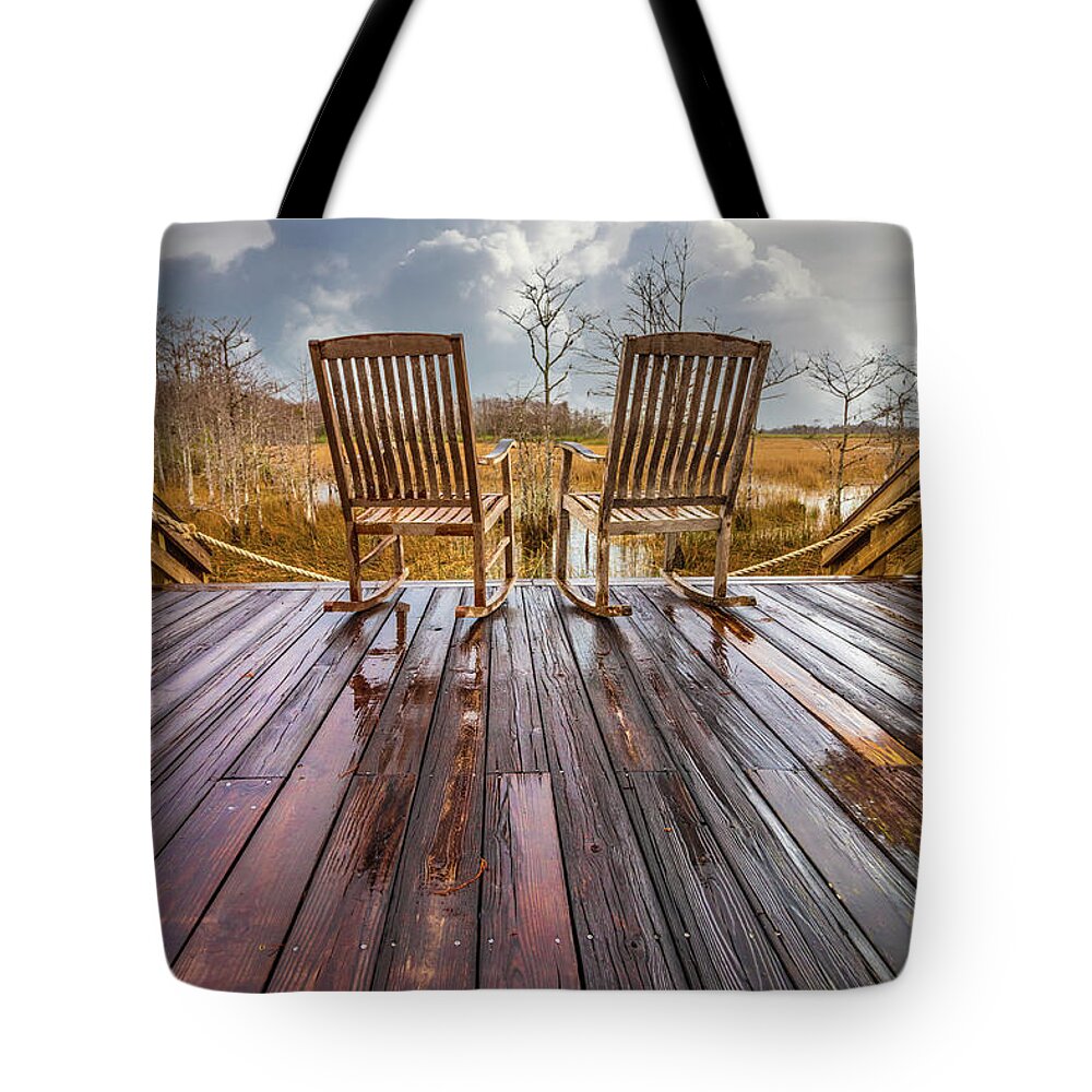 Clouds Tote Bag featuring the photograph Two Chairs after the Rain by Debra and Dave Vanderlaan
