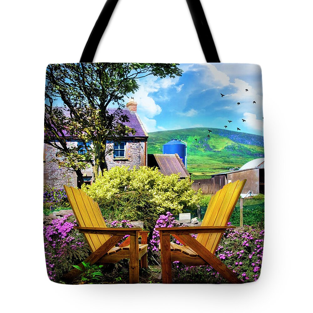Barns Tote Bag featuring the photograph Two Chairs in an Irish Garden by Debra and Dave Vanderlaan